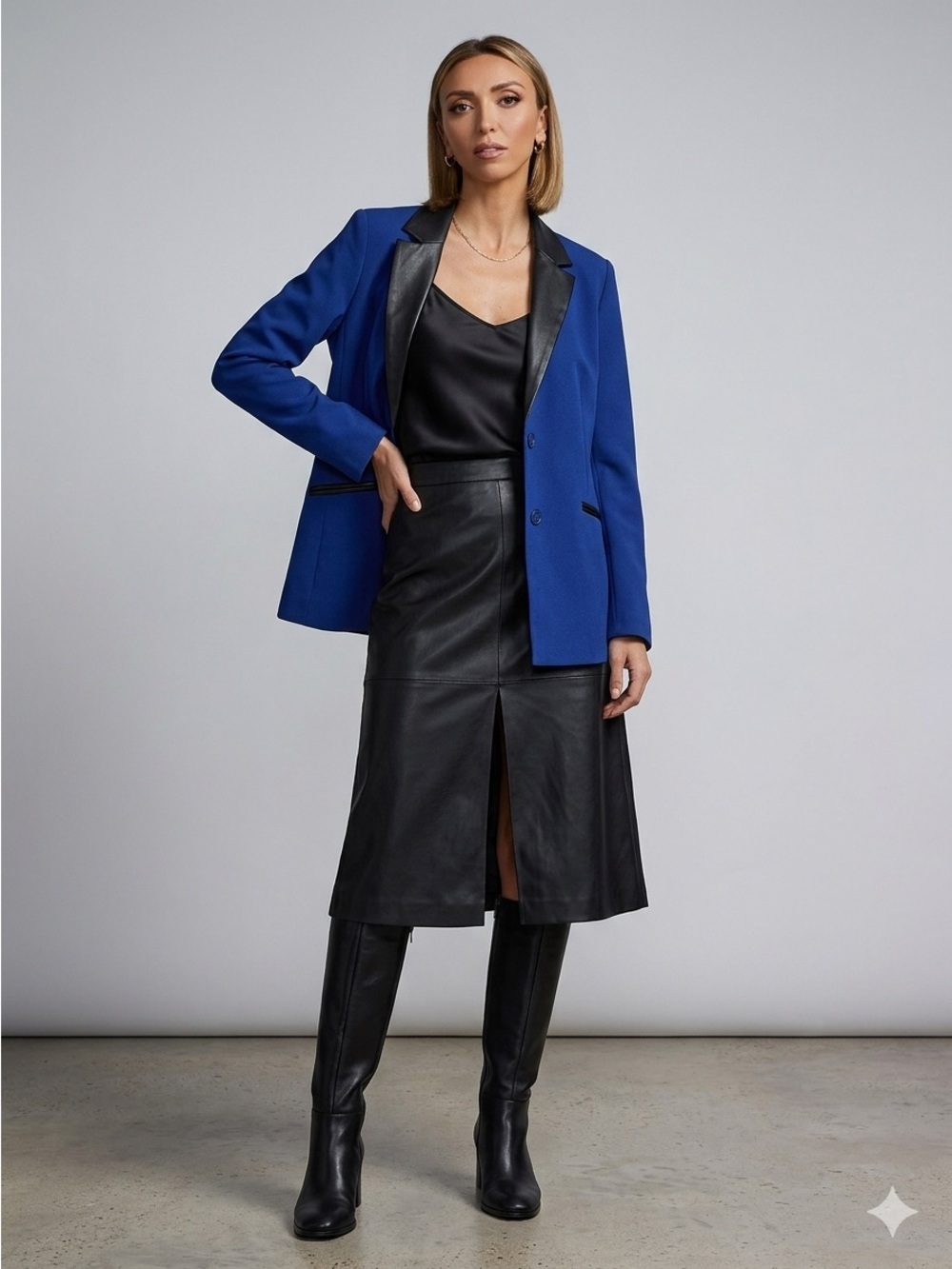Giuliana Rancic Blue Blazer with Black Faux-Leather Lapel